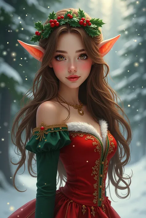 Christmas elf woman with brown hair 
With the face of Leila Urbieta 
