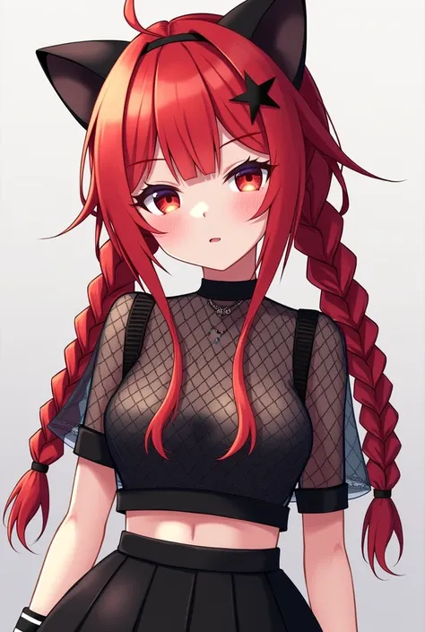 create a 2D image of a girl,   anime, human,  with hair composed of two huge braids that lie on the back,  red hair color with medium low saturation , Classic fringe, white pele, Eye iris with small stars ,  two strands on top of the hair , Light red eyes,...