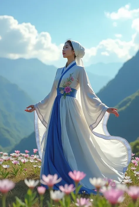  A beautiful and graceful young Korean woman , wearing hijab , hair covered in hijab and dress like a royal princess. His dress is white and blue with an intricate design , layered ,  and decorated with a vivid edelweiss flower texture that exudes purple ,...