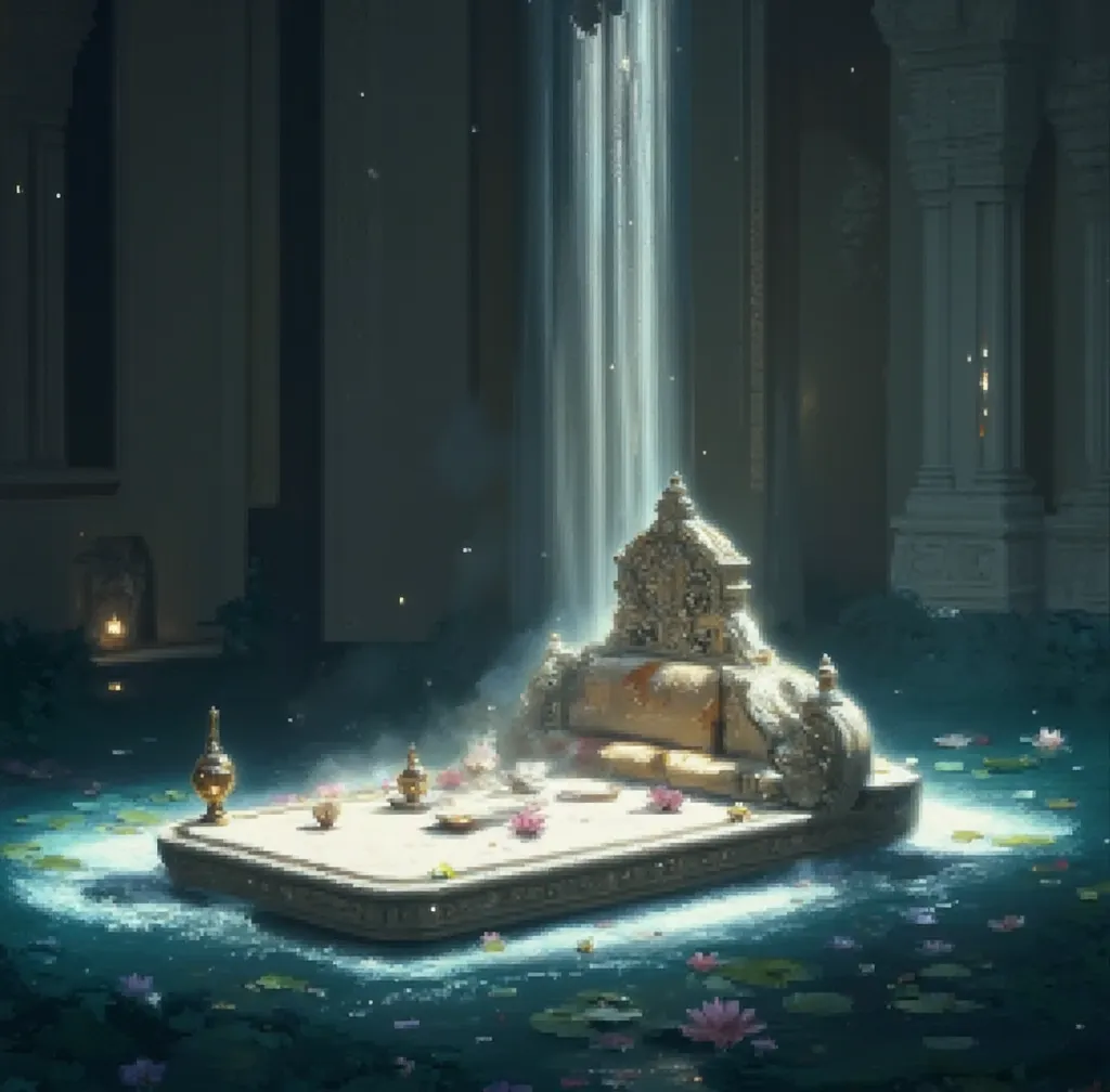 create a serene nighttime scene of an ancient south indian setting. in the middle of a tranquil pond filled with vibrant, colorf...