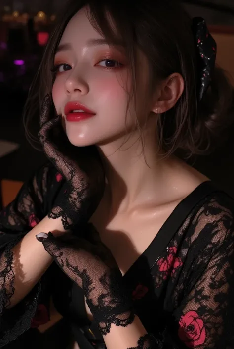 black camellia kimono 、Lace gloves、  attractive, desire, Obscene,  Mature Woman,  Captivating body lines  , ((     fine facial features     ,    open your mouth, eroticism)),    dramatic lighting   , Realistic, 8k,    Cinematic Composition ,  dark moody vi...