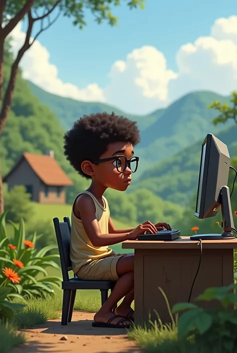 a young Malagasy boy passionate about computers sat on a small chair with a glasses, a tank top and shorts, the background is the small landscape of southern Madagascar