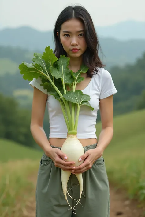 A girl is holding a harvested Japanese white radish in her hand, branched radish , alone, ((( with two tips extending downward, Japanese white radish, Sensual and boldly branching , Natural orientation against gravity ,  Absurd, Womens Body Line ))),  BREA...