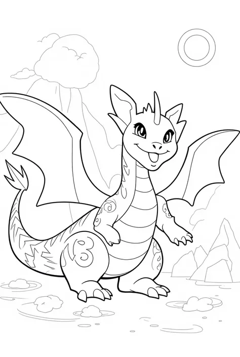 A Pokémon-style dragon with a majestic yet approachable design, ideal for a coloring book. The dragon has sleek, smooth scales with bold, symmetrical patterns along its body, such as lightning bolts, flames, or swirling clouds. Its wings are large and bat-...