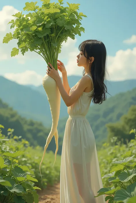 A girl is holding a harvested Japanese white radish in her hand, branched radish , alone, ((( with two tips extending downward, Japanese white radish, Sensually branched, Natural orientation against gravity ,  Absurd, Womens Body Line ))), BREAK The girl i...