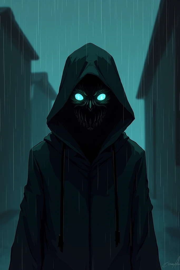 Vintage anime, secondary character, hooded and masked bandit, dark clothes, cyan eyes, tired, night, rain, man, sad, very sad and tired