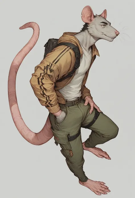 Anthropomorphic male furry rat，Character setting，Dark color scheme，The face is more human-like，Firm eyes, full body design, fullbody portrait