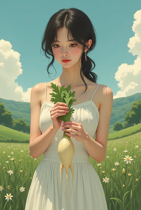 A girl is holding a harvested Japanese white radish in her hand, Branched radish, alone, ((( with two tips extending downward, Japanese white radish, Branched , Natural orientation against gravity ,  Absurd, Womens Body Line ))), BREAK The girl is harvesti...