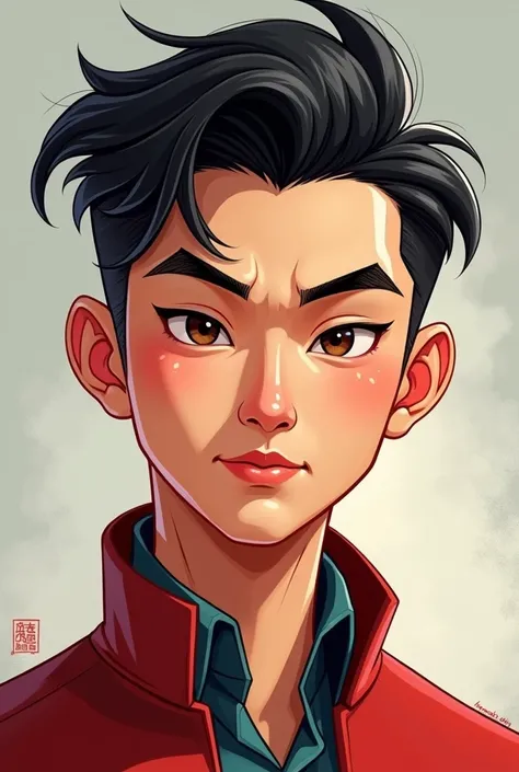 Handsome young mafia Chinese man, white, clear face, sharp eyes, cartoon painting