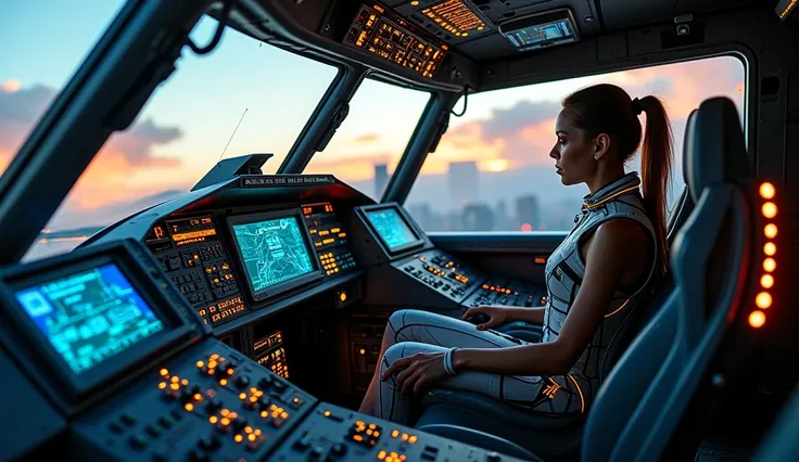 Inside a futuristic fighter jet cockpit, filled with advanced technology and glowing holographic displays. The control panel is sleek and complex, featuring touchscreens, levers, and neon-lit indicators in blue and orange hues. The interior is spacious yet...