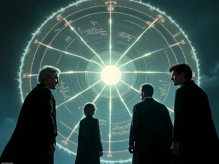  a realistic image of An astrological chart appears floating in the air ,  showing a connection of bright lines between Voldemort and his decisions.  Harry Potter, Dumbledore and Bellatrix appear and look at the map ,  each reacting in a humorous way to th...