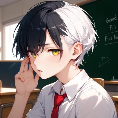 ((Two men who are good friends:1.5)),  perfect face,   beautiful face,  very detailed face in light blue underwear，( man with short black hair :1.3)，(Man with short white hair :1.3)，Male high school student uniform、tie、evening、(Classroom where the light of...