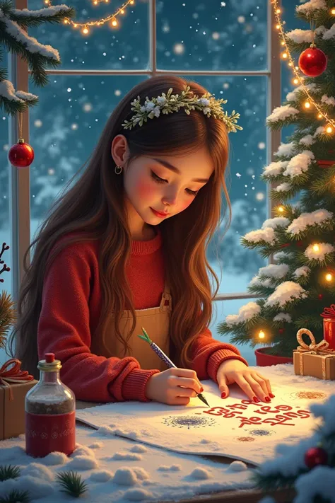  You can have a girl who draws .  A girl with brown hair with a New Years ring.  On the background Christmas tree and snow . a girl draws New Years pictures  . And a little painted 
