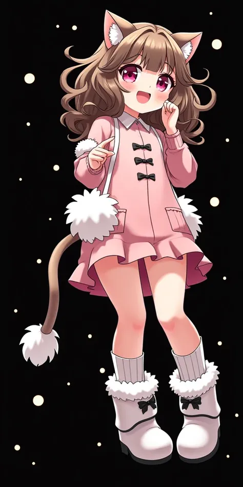 A beautiful pale girl with brown curly hair, pink eyes with an anime smile and their cheeks flushed, brown cat ears , Of accessories some black lenses, cute kawaii pink dress, Its dog tail is white with black decorations ,  her socks with white with black ...