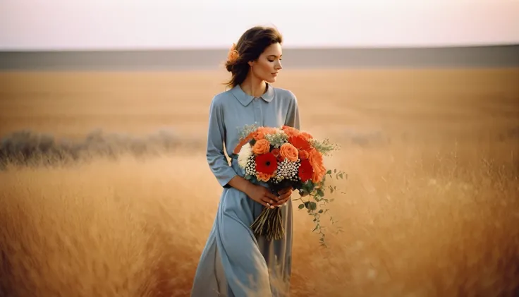 RedmAF analogique, photographie analogique, grain de film, éclairage chaud et doux, personne dans une cage tenant un bouquet de fleurs dans une savane tempérée, (oeuvre d&#39;Egon Schiele:1.3), Vue jaune moutarde,  vue à vol d&#39;oiseau, 