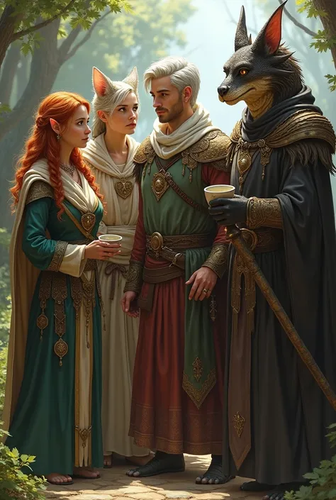  a group of friends made up of a red-haired and green-eyed Druid elf ,  a white-tea thief with dark brown eyes and hair ,  a strong-looking human dragon wearing clothes  , a humanoid dragon in clergymans clothing  ,  a human male swordsman with a scar on h...