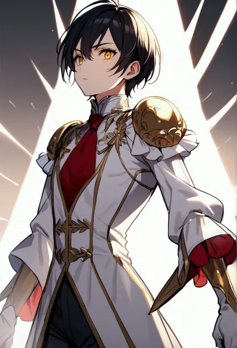 chico,  Yellow Eyes ,  short black hair, European white costumes, red tie, black pants, white background, cuerpo completo,