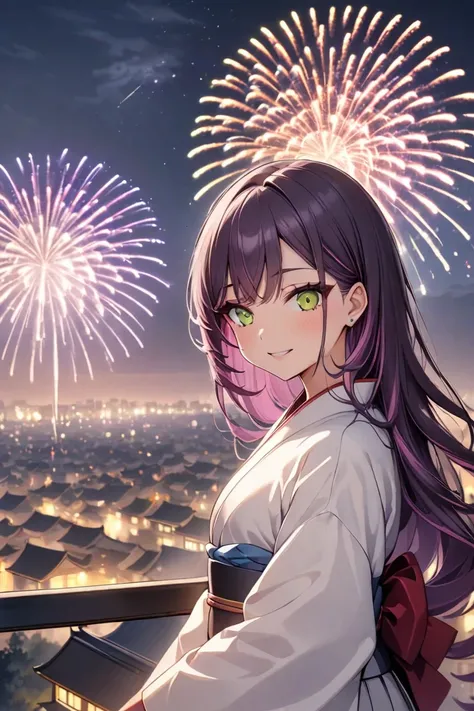 Anime woman ,tokoyami towa،long pruple hair,green eyes,japanese kimono ,Fireworks, on a high place,at night, light moonدقة عالية, عمل رائع, علم التشريح صحيح, دقيق, أفضل جودة, 