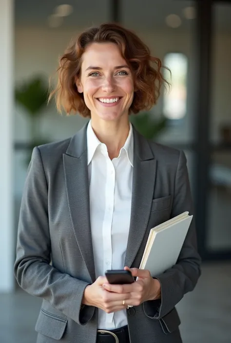  woman with short wavy hair , light brown,  weighing approximately 70 kg , 1,60 tall, standing,  wearing a white shirt and a gray dress jacket, com notebook, notebook and a cell phone in her hand . He is smiling