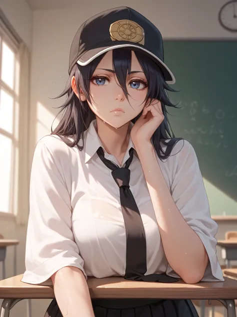 front view, anime, retsu unohana is nifty girl aged 18, bored posed, cap, necktie, sweaty, in the classroom, noon light, (master...