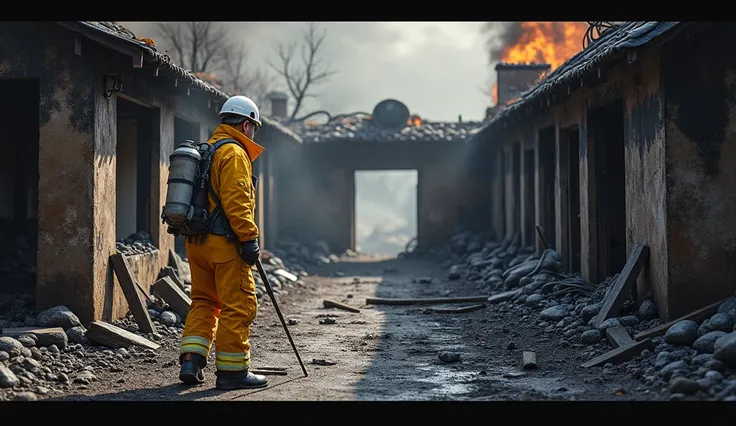  Create an image closer to reality , of an expert ,  arriving at a house / store that was completely burned and degraded by fire,  with multiple burn marks , soot