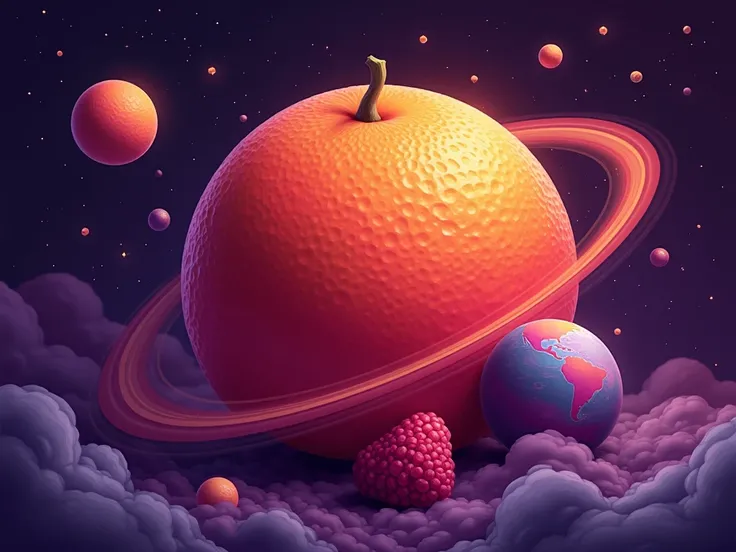 An orange painted in a vibrant raspberry color, surrounded by miniature planets and stars. The background is deep purple with gradient glows. The illustration is styled in bright surrealism with a focus on texture and cosmic elements.