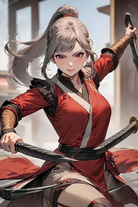 woman ,grey hair red tips ,  long ponytail , front onesided long hairbangs,  self-confident smile, DND clothes, Japanese scoundrel,  black brown red colors, Throwing weapons , ( masterpiece), ( best quality ), ( ultra detailed )