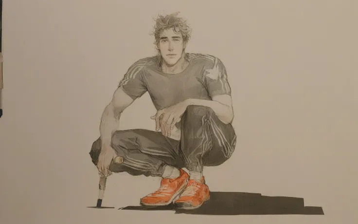 drawing of a man kneeling down with a skateboard in his hand, solo portrait 🎨🖌️, full body potrait holding bottle, color drawing, gouache, adidas painting, gouache on paper, gouache and ink, by Robert Zünd, a gouache, rich aquarel, inspired by Egon Schiele...