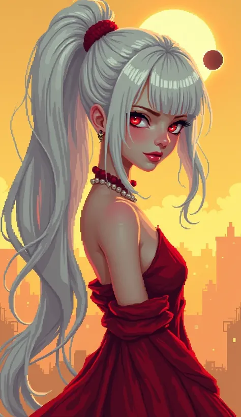 Masterpiece, high quality, HCNONE, pixel art, 1girl, white hair, ponytail, red gothic dress, simple gold color background, death stare, Eclipse background