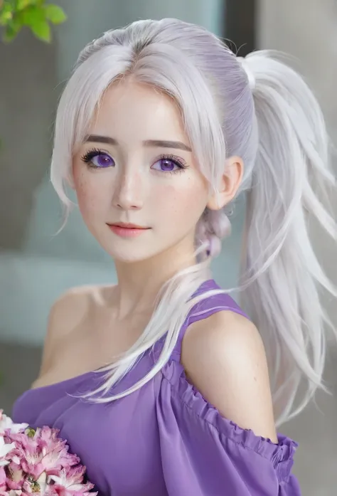 One girl, bouquet,white hair,purple dress,flat chested , hair in pony tail, pink eyes with freckles,  