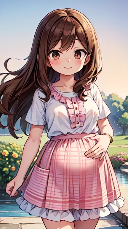 1,000,000. Medium Brown Hair ),   portrait of pregnant woman enjoying walking,Beautiful brown hair,  Light Brown Eyes , A little thick, small breasts, big butt ,Pregnant belly((( Unruly Smiles ))),park background
Top quality , masterpiece,   ultra high res...