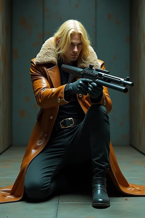  Make a blond man with long hair ,  dressed in an overcoat made of brown leather with a prominent plush collar.  On his knees shooting with two futuristic weapons . with a straight face. Since the right eye is robotic 