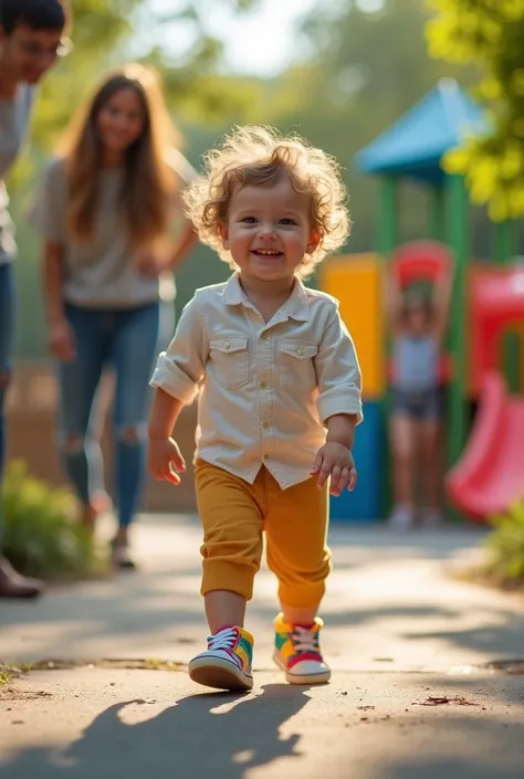  Shot from a realist commercial ,  where a  on the playground takes his first steps in colorful sneakers. he smiles, his parents are thrilled .