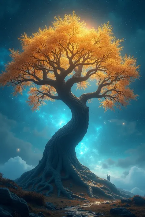 A giant glowing tree with shimmering golden leaves and a trunk of deep blue, standing in an otherworldly landscape with a glowing night sky filled with stars