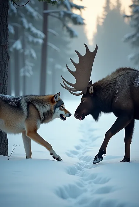 Create a wild confrontation scene where a wolf and a moose are facing each other. The wolf, with bristly fur and bared teeth, is in an attacking position, while the elk, with its imposing structure and massive antlers, lowers its head in a defensive postur...