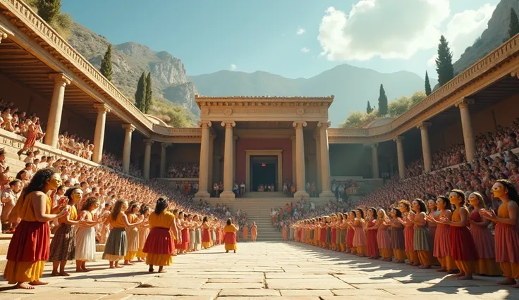 In the Greek theater , 6th century BC .c., In the open-air theaters ,  we have the staging of a comedy ,  full of jokes and funny everyday situations.  The audience has a lot of fun .