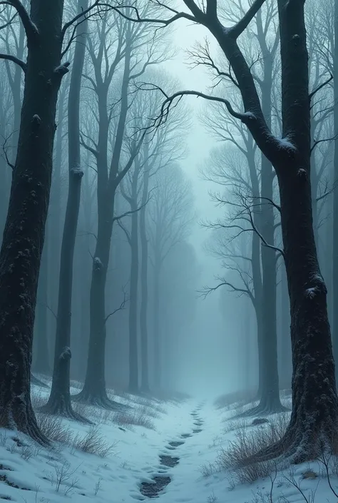 The Old Forest:
"An eerie, snow-laden forest just outside the village, with tall, leafless trees shrouded in thick mist. The scene feels ominous, with the faint outline of shadows in the distance."