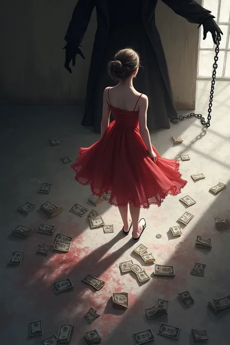 A girl in dress ,  the shadow of a man with a chain and the floor full of money 