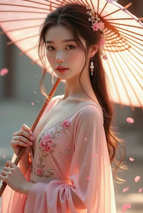 Beautiful young woman, round eyes, long hair, wearing a pink antique Chinese dress, holding an umbrella.