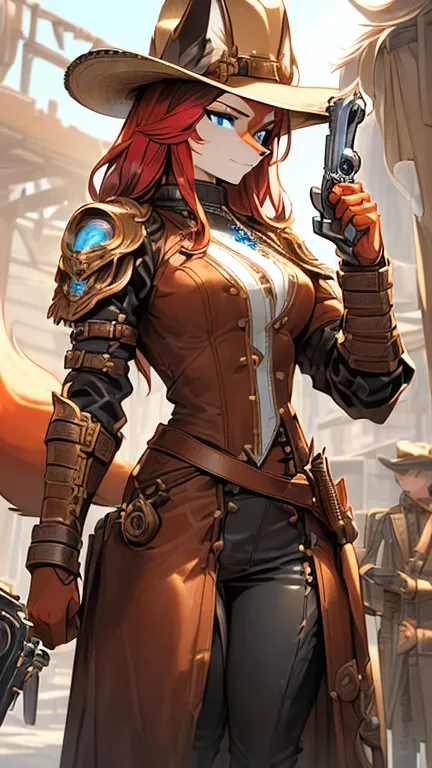 (((an epic and visually stunning photorealistic masterpiece featuring a sylphlike feminine ((female1.5)) (red fox:1.5) decorated cowboy style steampunk soldier clad in a sleek yet tactical decorated leather military trench coat1.2))), (((curvy feminine fem...