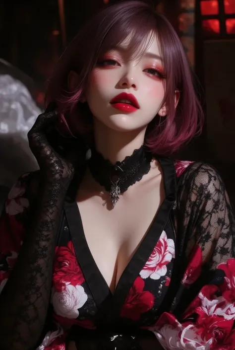 black camellia kimono 、Lace gloves、  attractive, desire, Obscene,  Mature Woman,  Captivating body lines  , ((     fine facial features     ,    open your mouth, eroticism)),    dramatic lighting   , Realistic, 8k,    Cinematic Composition ,  dark moody vi...