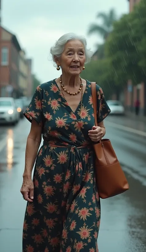 an elderly lady wearing a floral dress, trying to cross the street, the day is rainy, the sky is cloudy,  realistic, with a fair skin, very realistic, micro details, cinematic, skin texture, best quality, ultra high res, ultradetalhado, (pele altamente det...