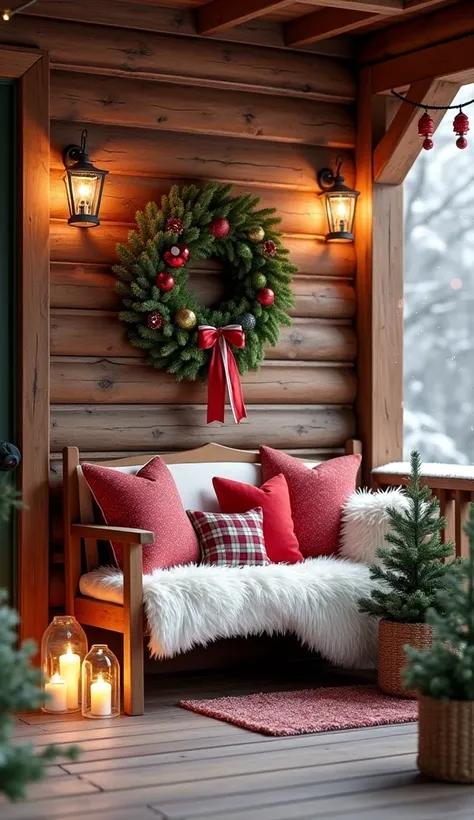  a charming, rustic porch adorned with Christmas decorations. The wooden walls and floor create a warm and inviting atmosphere, enhanced by the falling snow outside.
A comfortable wooden bench, covered in a fluffy white blanket, dominates the scene. Its de...