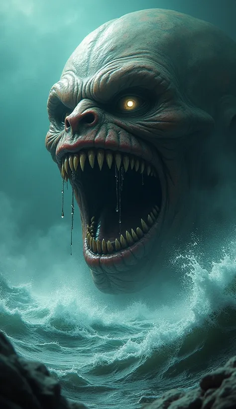 Final image:  a monstrous face emerging from the ocean, with bright eyes and a sinister smile .]
Narrator