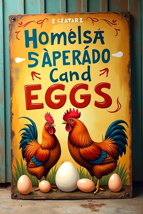 Create a sign that says EGGS FOR SALE fresh and cheap with images of hens laying eggs in Spanish 