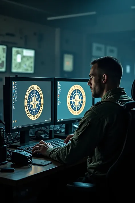 Military back with NATO SOFCOM badge behind 2 computer screens in dark room