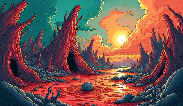 A full colour drawing of a background of the hell , like ren & stimpy style made by john k