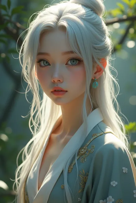  create an image of an 18-year-old girl,  silver hair ,  greyish blue eyes , Taoist clothing , real human image ,  Big breasts, HD, 4K