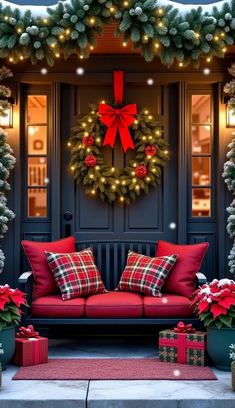 a festively decorated front porch, likely during Christmas time. A black metal sofa adorned with red and plaid cushions sits against the house, flanked by two large planters overflowing with red poinsettias. The sofa is further decorated with two matching ...