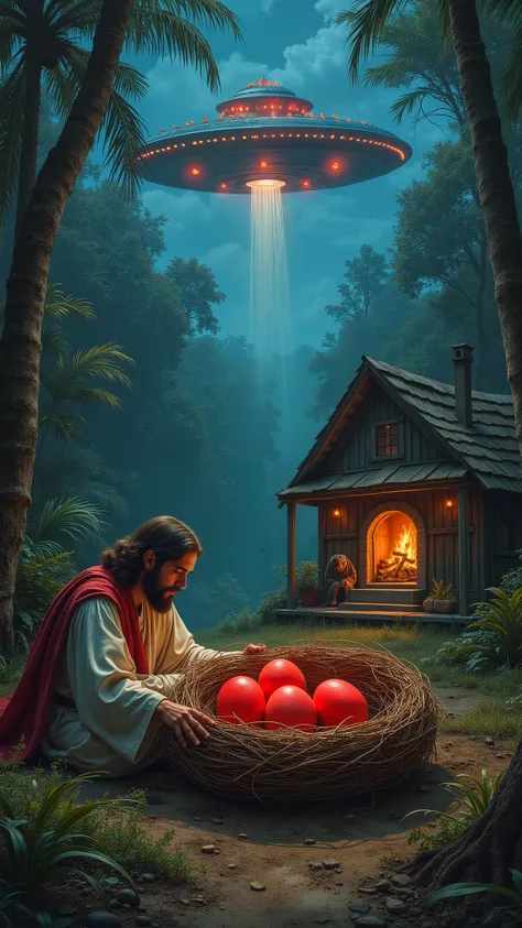 big red eggs on birds nest on ground, Jesus sitting beside and curious about it, fireplace near him, An alien ship on sky, at night, jungle cottage behind 